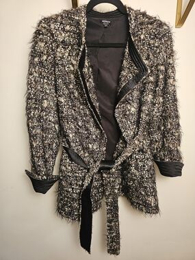 Worth NY Silk Lined Tweed Bouclé Belted Jacket in Multi-Color